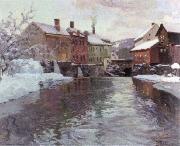 snow covered buildings by a river, Frits Thaulow